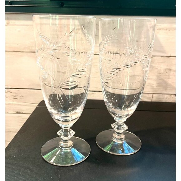 Pair of Tiffin Franciscan Caresse Pattern Vintage Etched Crystal Tea Glasses - Picture 2 of 5